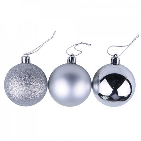 Шары елочные ЗОЛОТАЯ СКАЗКА, набор 6 шт., пластик, 8 см, серебристые (глянец, матовый, глиттер), 590876