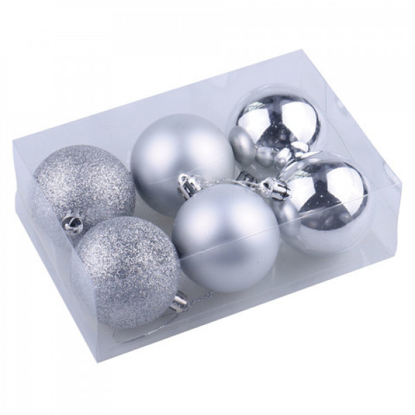 Шары елочные ЗОЛОТАЯ СКАЗКА, набор 6 шт., пластик, 8 см, серебристые (глянец, матовый, глиттер), 590876