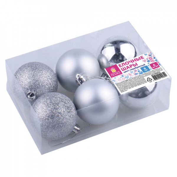 Шары елочные ЗОЛОТАЯ СКАЗКА, набор 6 шт., пластик, 8 см, серебристые (глянец, матовый, глиттер), 590876