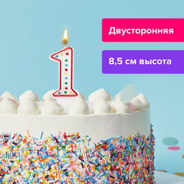 Свеча-цифра для торта "1" ДВУСТОРОННЯЯ с конфетти, 8,5 см, ЗОЛОТАЯ СКАЗКА, держатель, блистер, 591394