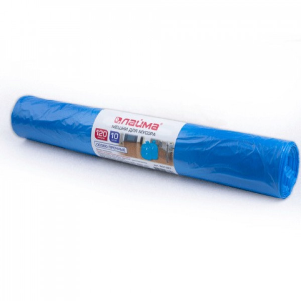 Мешки для мусора, 120 л, комплект 10 шт., рулон, ПВД, особо прочные, 70х110см (±5%), 40 мкм, синие, ЛАЙМА, 601387