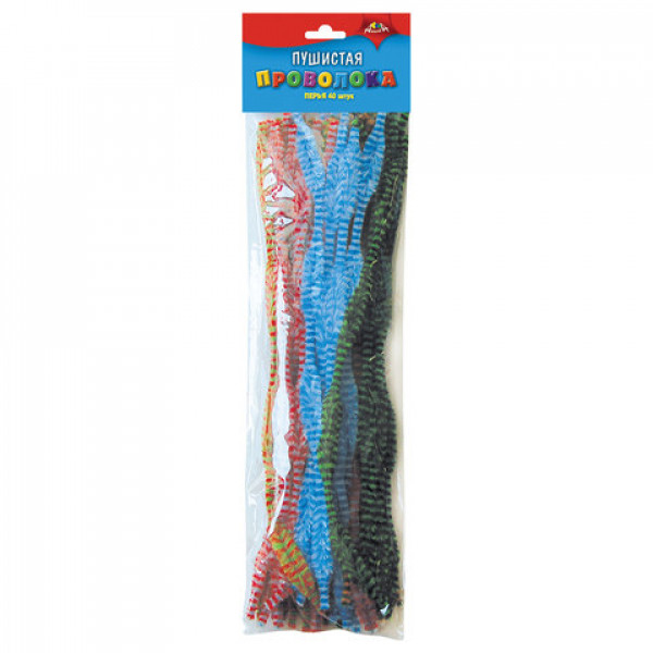 Проволока синельная для творчества "Пушистая", перья двухцветные фигурные, 40 штук, 30 см, ассорти, С2588-02